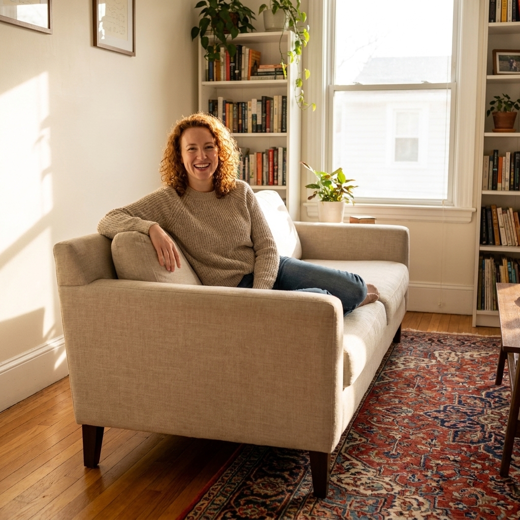 A cozy living room with a vintage patterned rug, a linen sofa, and white walls that look softly warm in afternoon light