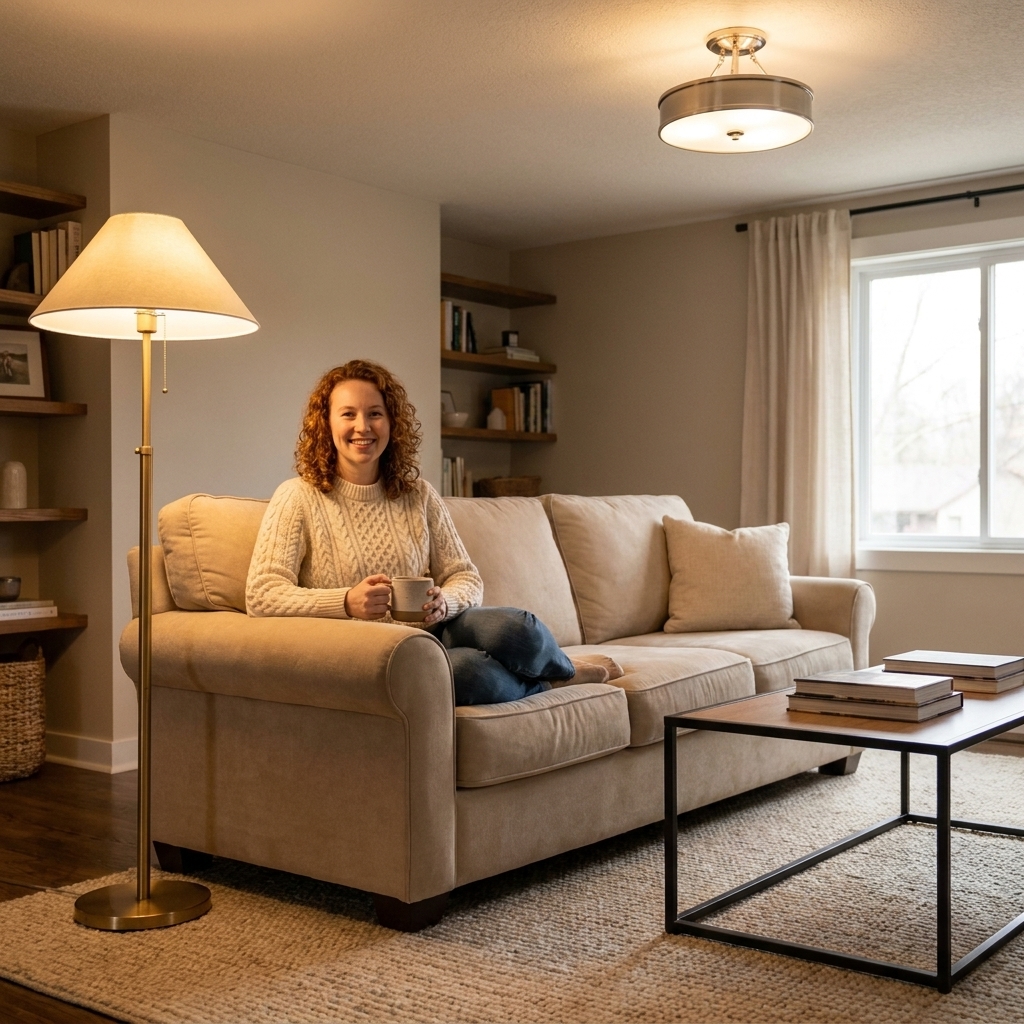 A cozy living room with a warm brass floor lamp beside a sofa, a matte black coffee table frame, and a nickel ceiling light centered over a neutral rug