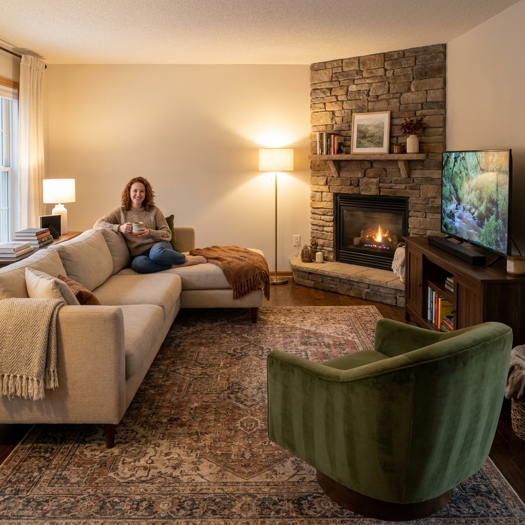 A cozy living room with an L-shaped sectional floating on a large rug, a TV on a media console on the wall beside a corner fireplace, and a swivel chair angled toward the seating