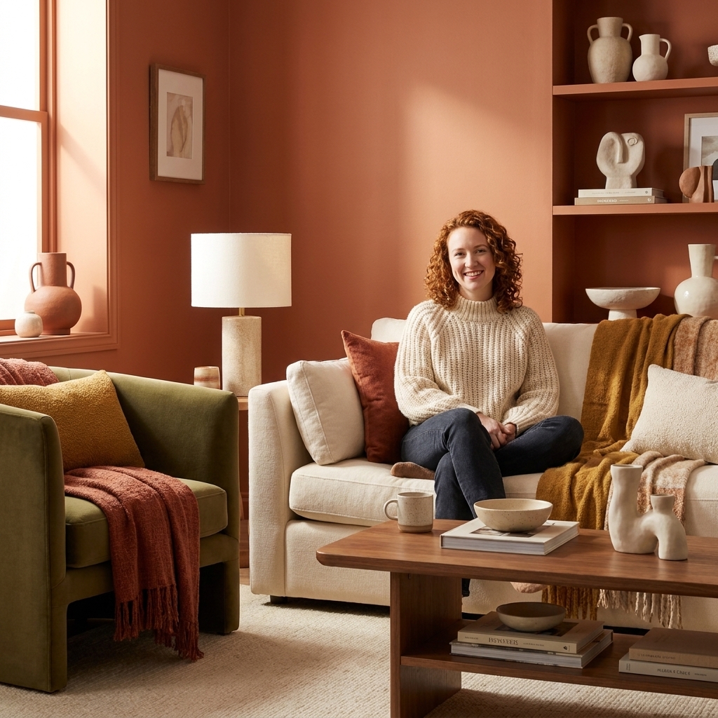 A cozy living room with terracotta walls, a cream sofa, olive green accent chair, and layered warm textiles with ceramic decor