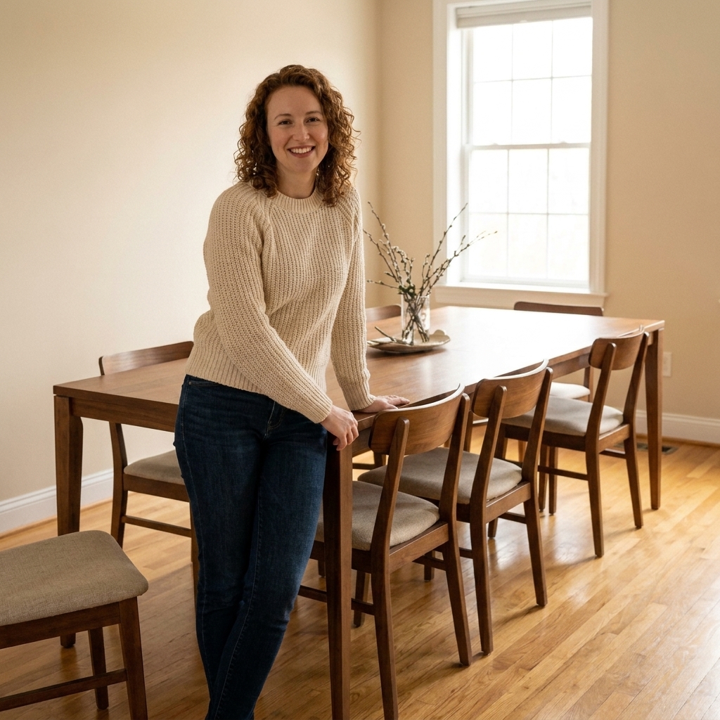A dining room with a rectangular table and chairs partially pulled out, leaving generous space between the chair backs and the wall for comfortable movement