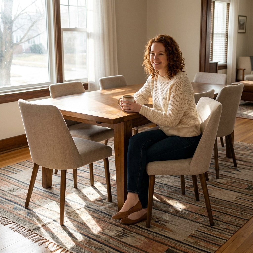 A dining room with a rectangular table and six chairs on a large flatweave rug that extends well beyond the chair legs, with sunlight coming through a nearby window