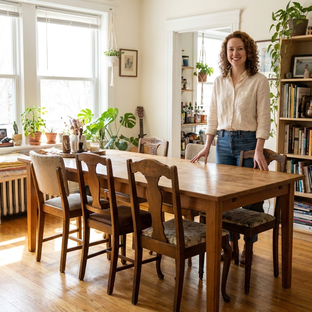 A dining table seen from the side with different chairs pulled out slightly, showing that the seat heights align while the back heights vary, in a bright lived-in dining room