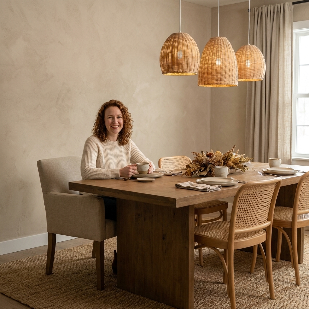 A dining table set with two upholstered end chairs and cane side chairs, all in warm neutral tones with soft pendant lighting and a textured rug underneath
