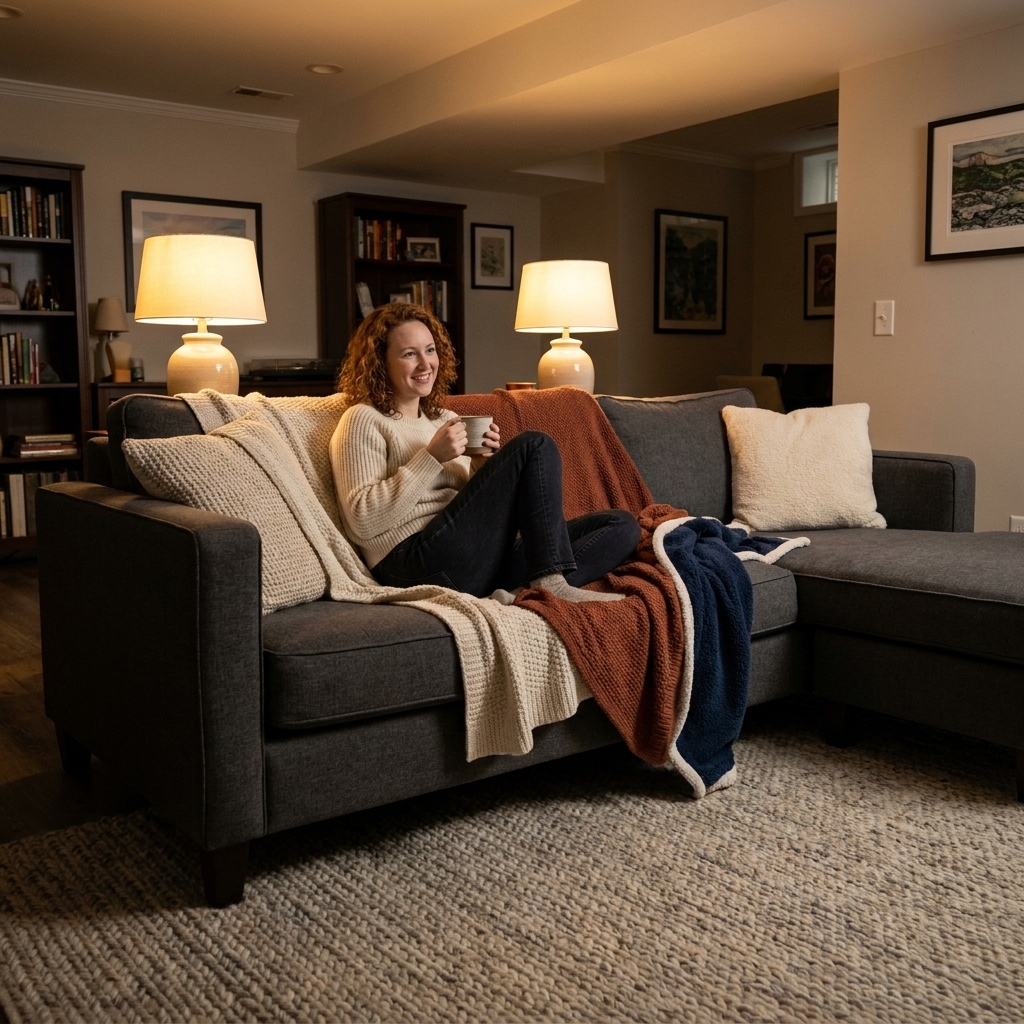 A finished basement lounge zone with table lamps, a textured area rug, a fabric sectional, and layered throw blankets creating a soft, inviting atmosphere