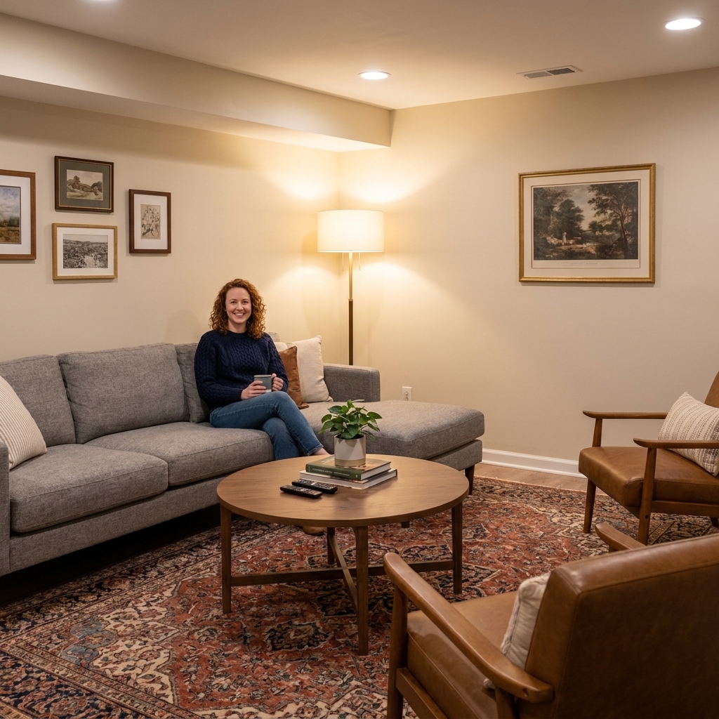 A finished basement seating area with a sectional sofa and two accent chairs arranged on a large patterned rug, with a coffee table centered and a floor lamp defining the corner