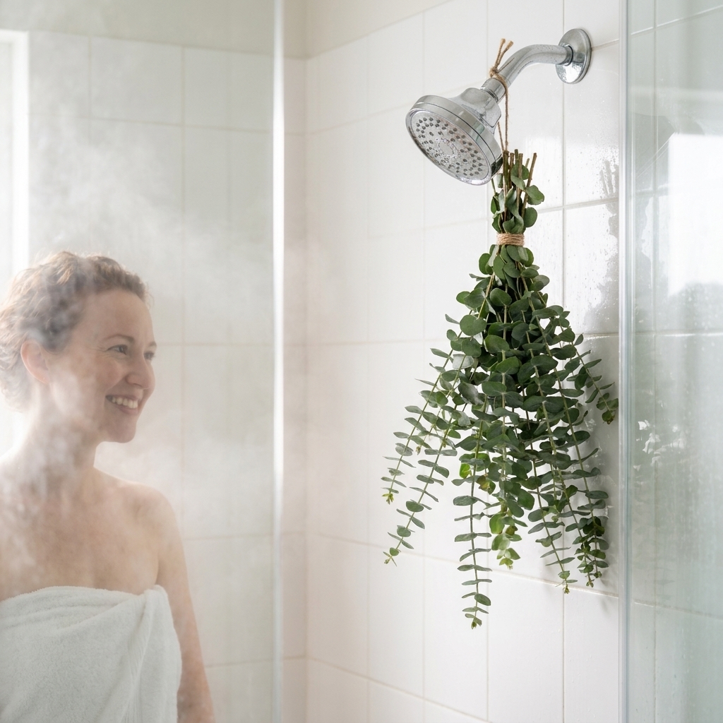 A fresh eucalyptus bundle hanging from a showerhead in a clean white shower, adding a natural spa detail