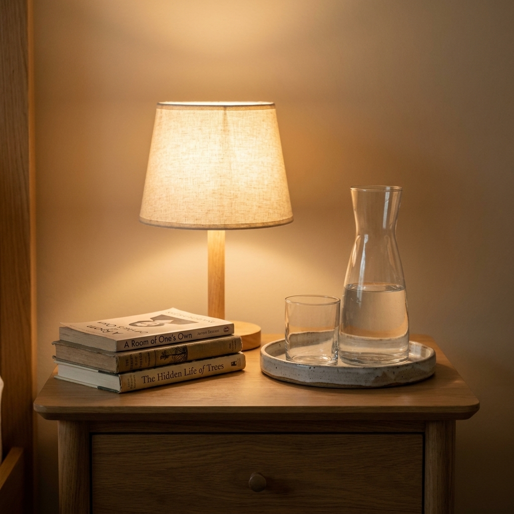 A guest room nightstand with a warm-glow lamp, a small stack of books, and a ceramic tray holding a carafe and glass