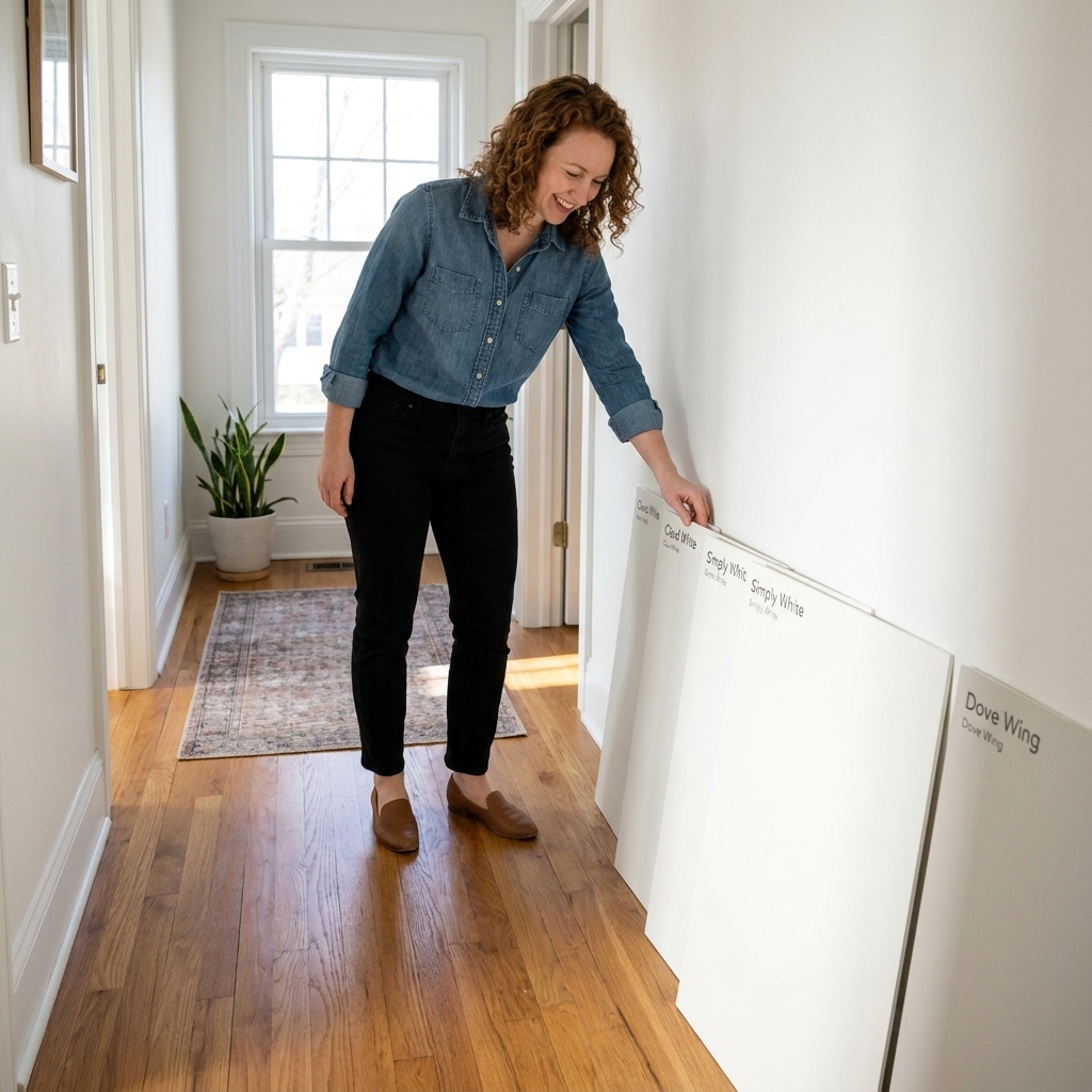A hallway with warm oak flooring and white paint sample boards leaning against the wall in daylight