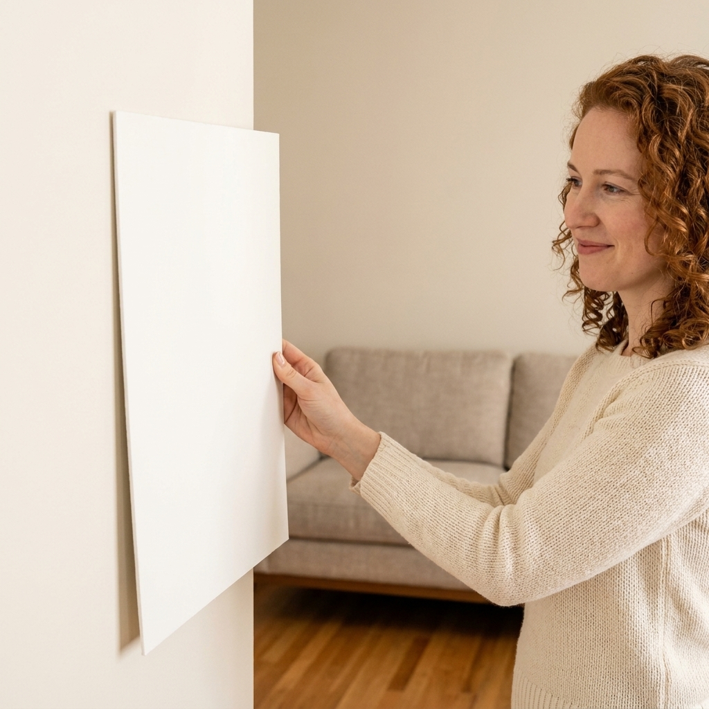 A hand holding a large white paint sample board against a wall near warm wood flooring and a beige sofa