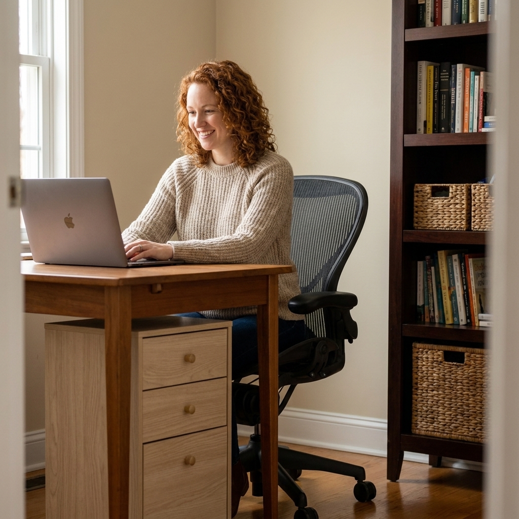 A home office with a desk and ergonomic chair, a slim drawer unit tucked under one side, and a tall bookcase placed a few feet away holding baskets and books