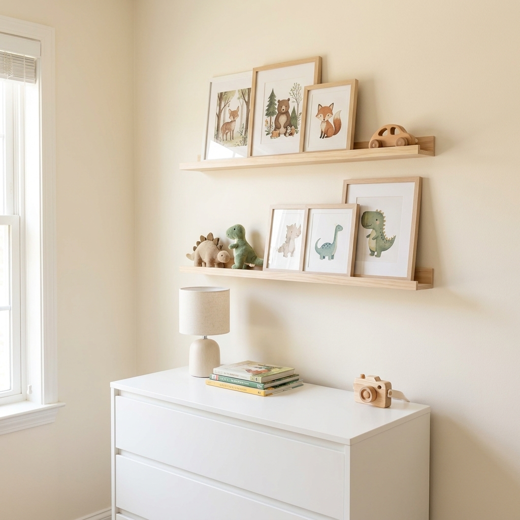 A kids' bedroom wall with two slim display ledges holding framed prints and small toys above a simple dresser, photographed in natural daylight
