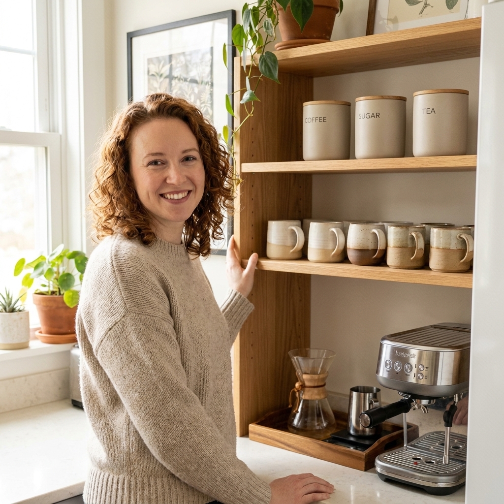 A kitchen coffee station on open shelves with a neat row of ceramic mugs, three neutral canisters, and a small wooden tray beside a compact espresso machine