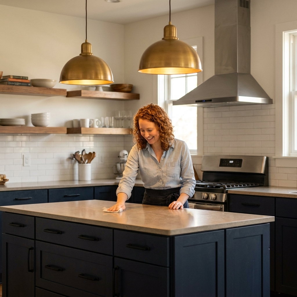 A kitchen island with two warm brass pendant lights above it, matte black cabinet pulls on navy cabinets, and a stainless steel range in the background