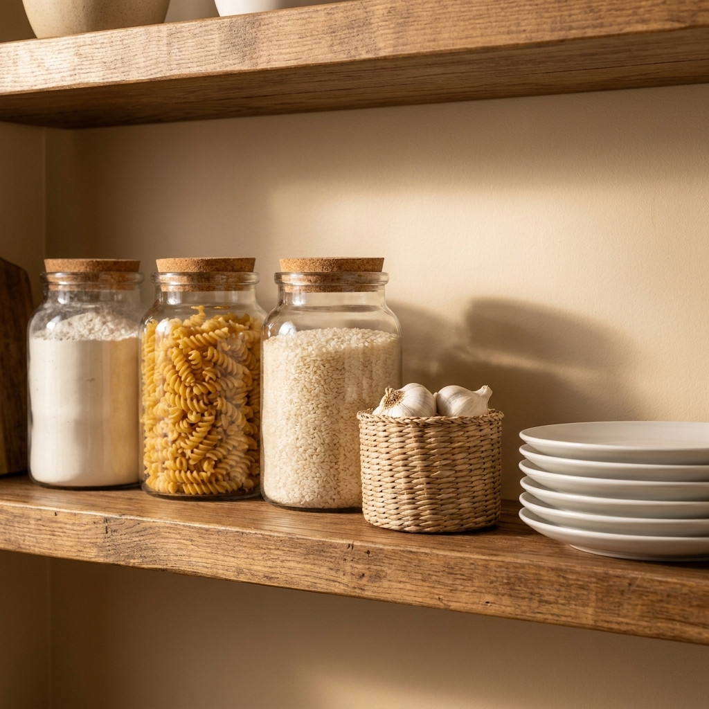A kitchen open shelf with matching clear glass jars filled with flour, pasta, and rice next to a small woven basket and a stack of white plates