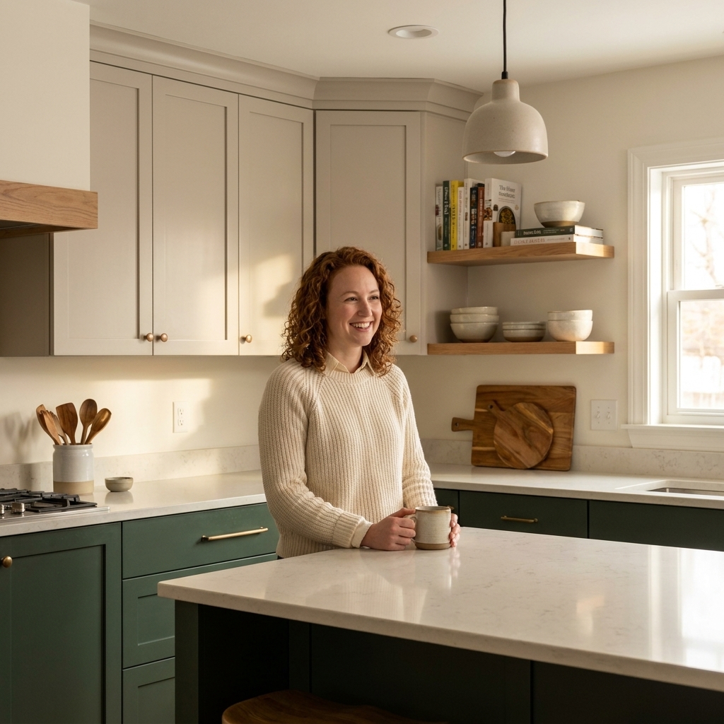 A kitchen with soft greige upper cabinets and deep forest green lower cabinets, light countertops, warm wood accents, and a simple ceramic pendant light