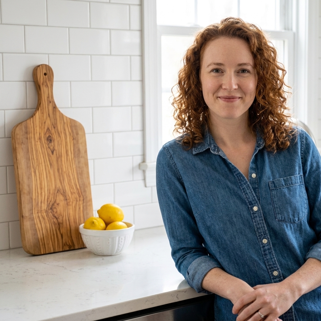 A large olive wood cutting board leaning against a white tile backsplash on a kitchen counter, with a small bowl of lemons nearby