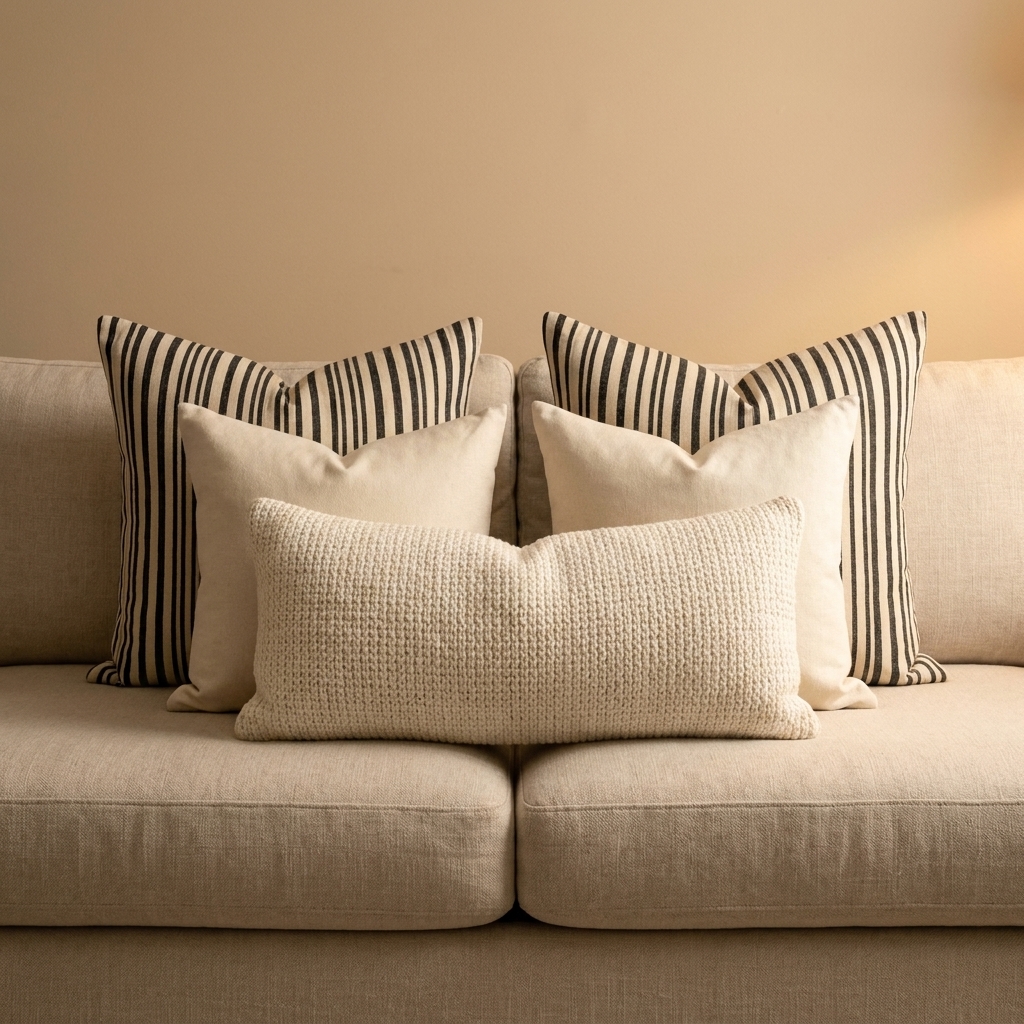 A light sofa with black and cream striped pillows layered with cream solid pillows and a textured ivory lumbar pillow.
