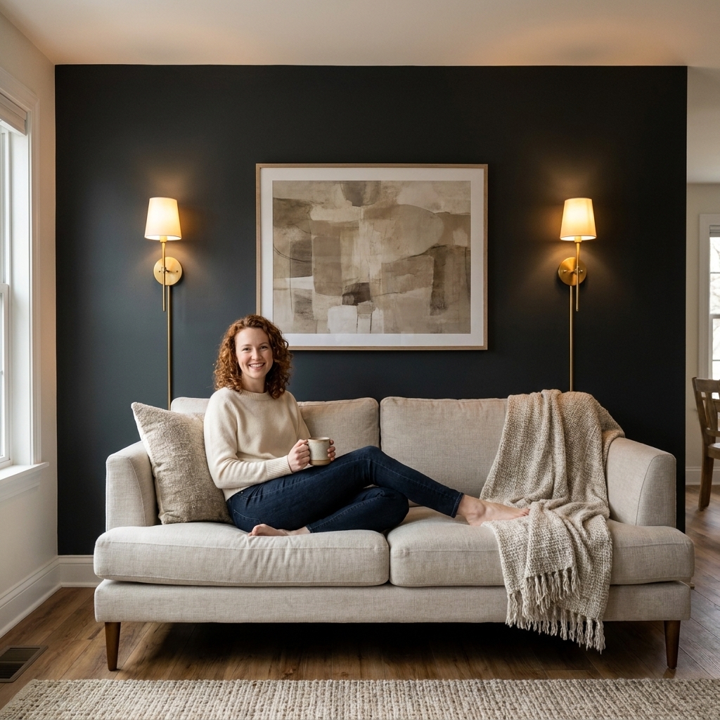 A living room accent wall in deep charcoal with two warm plug-in wall sconces flanking a large framed artwork above a light neutral sofa