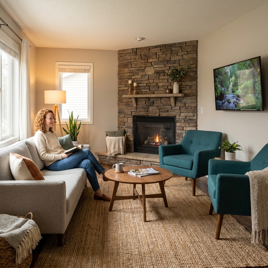 A living room arrangement with a straight sofa facing a wall-mounted TV, two accent chairs near a corner fireplace, and a round coffee table on a textured area rug