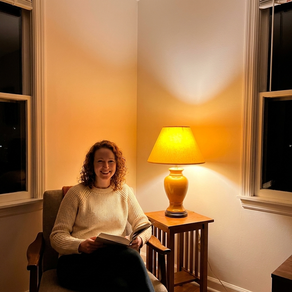 A living room corner at night with a warm table lamp turned on, showing how white walls shift in color under cozy lighting
