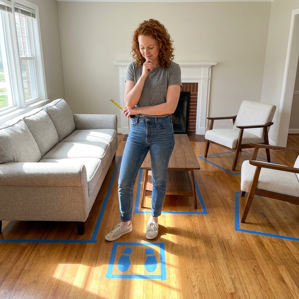 A living room floor marked with blue painter’s tape outlining a sofa, chairs, and a coffee table footprint to test furniture spacing before buying
