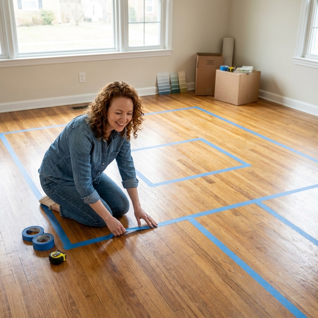 A living room floor with painter’s tape outlining a sofa, coffee table, and walkway, showing a realistic plan for furniture placement before buying