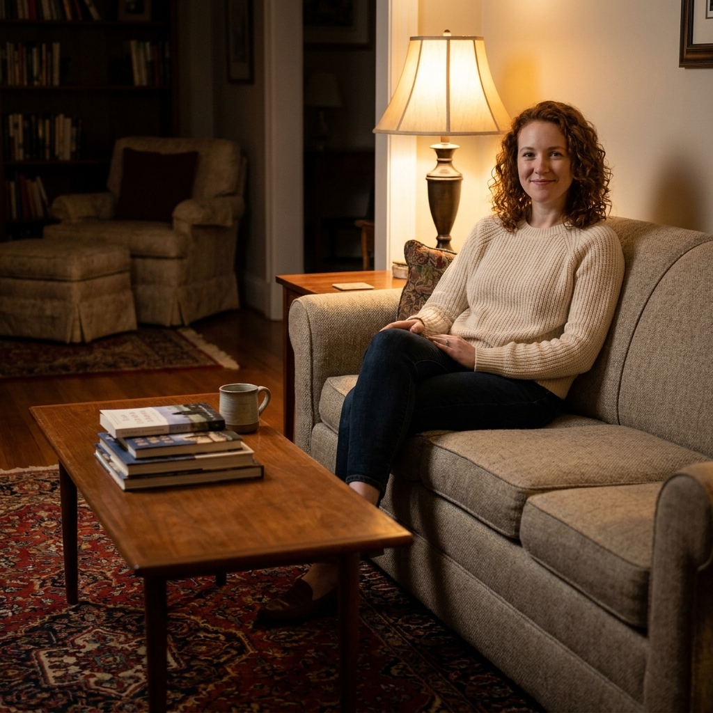 A living room scene with a coffee table styled simply on top of a richly patterned vintage rug, with warm lamplight and textured upholstery in the background
