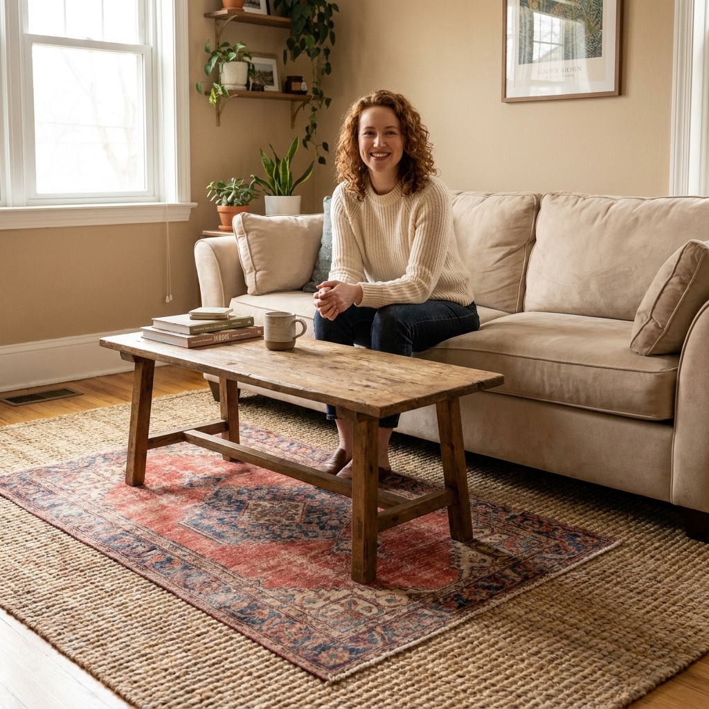 A living room with a large natural fiber rug layered under a smaller vintage patterned rug, both centered under a coffee table in front of a sofa