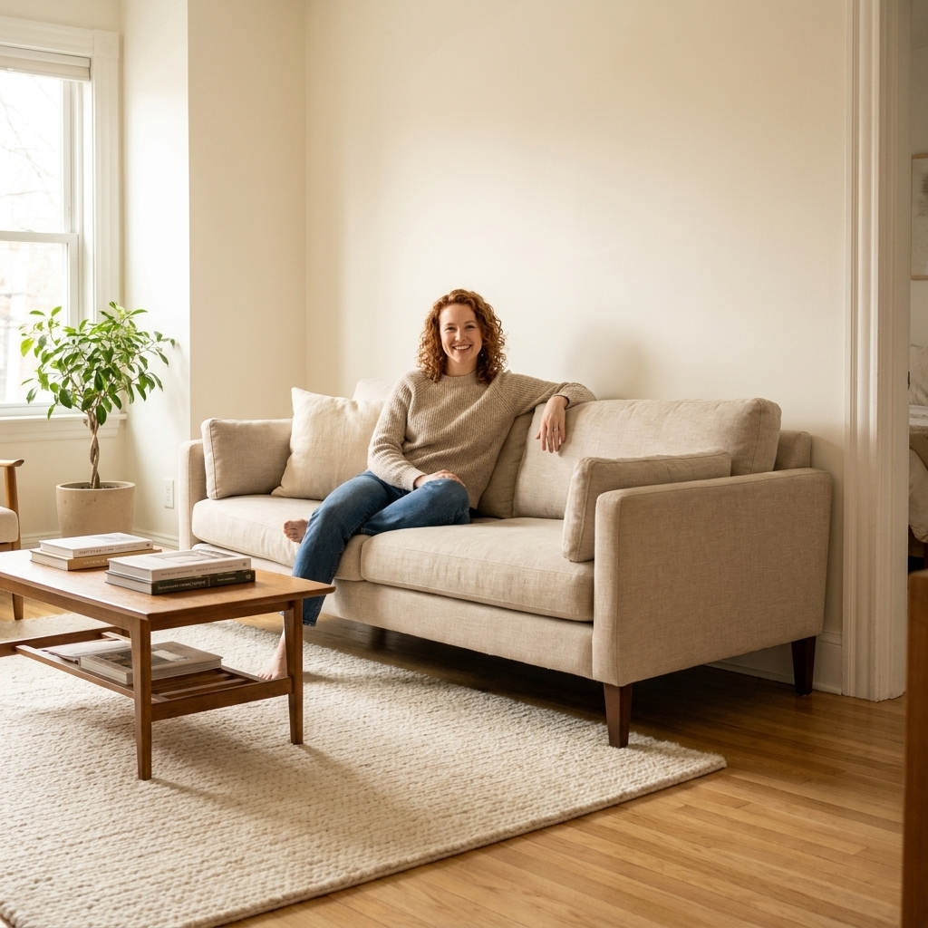 A living room with warm white painted walls, light oak floors, and simple neutral furnishings