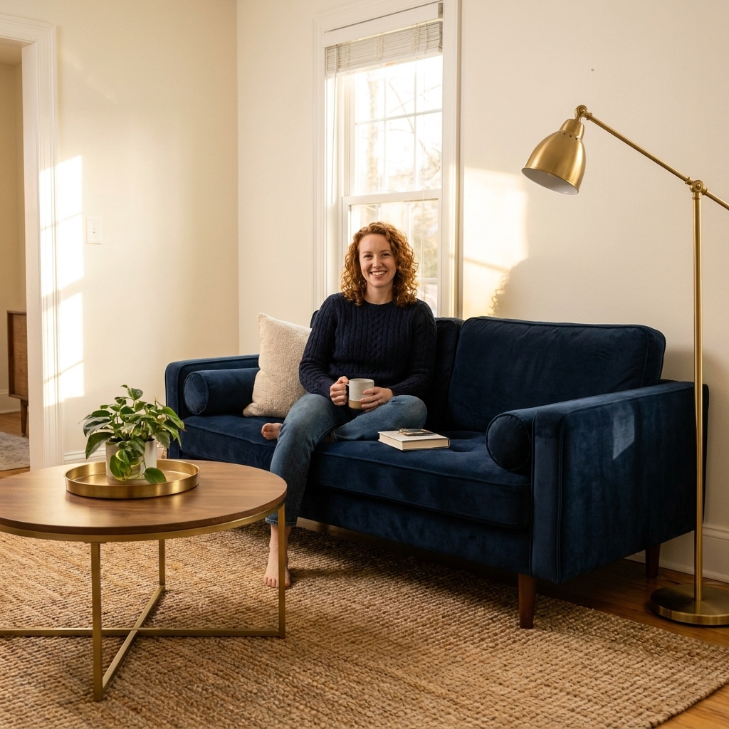A living room with warm white walls, a navy blue sofa, a neutral rug, and brass and wood accents