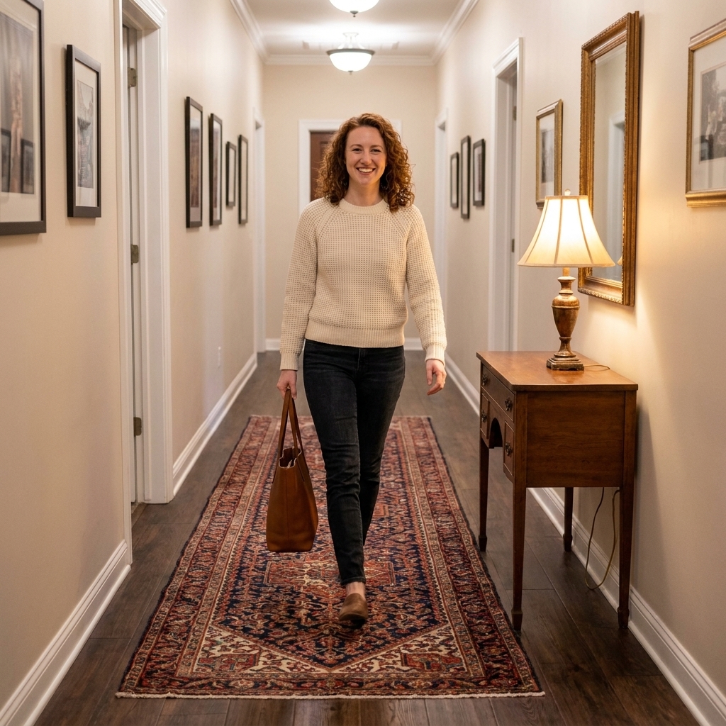 A long hallway with a vintage-style runner centered on wood floors, with even borders on both sides and a warm table lamp on a small console