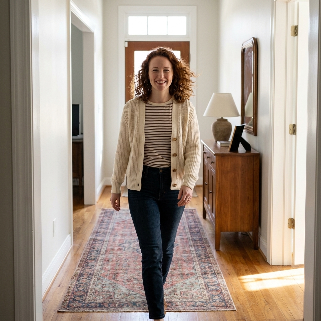 A long narrow hallway with a vintage-style runner rug in muted reds and blues, leading toward a front door and a small console table