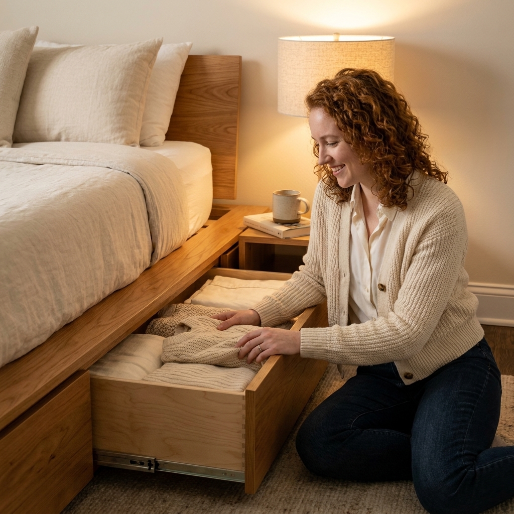 A low platform bed with built-in drawers partially open, showing neatly folded linens and sweaters, with warm bedside lighting