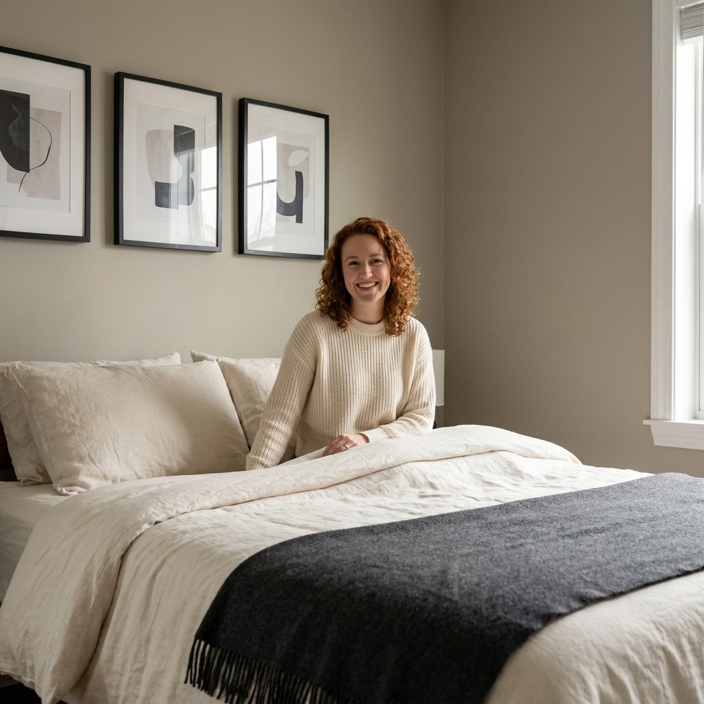 A minimalist bedroom with warm greige walls, ivory bedding, a charcoal throw blanket, and thin black frames on the wall