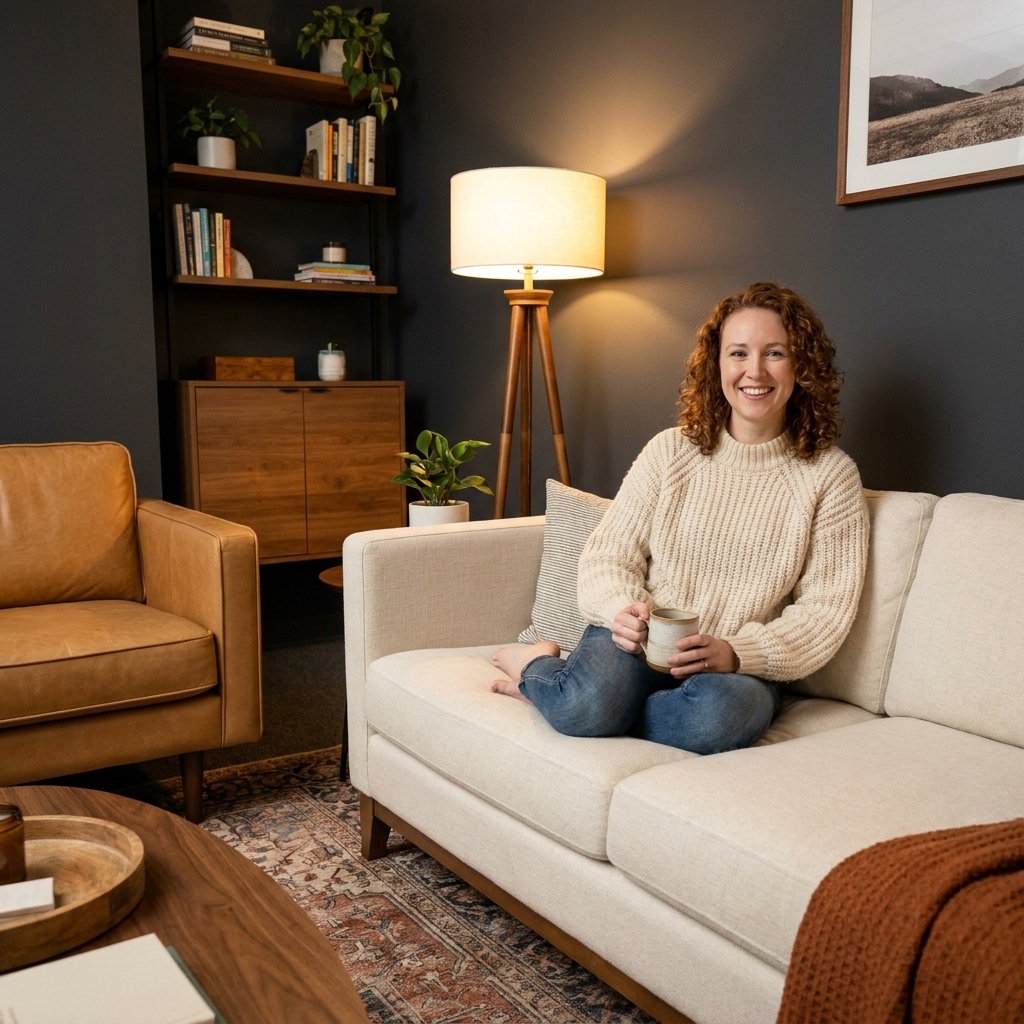 A modern cozy living room with charcoal painted walls, an ivory sofa, a camel leather chair, and warm wood accents under soft lamp light