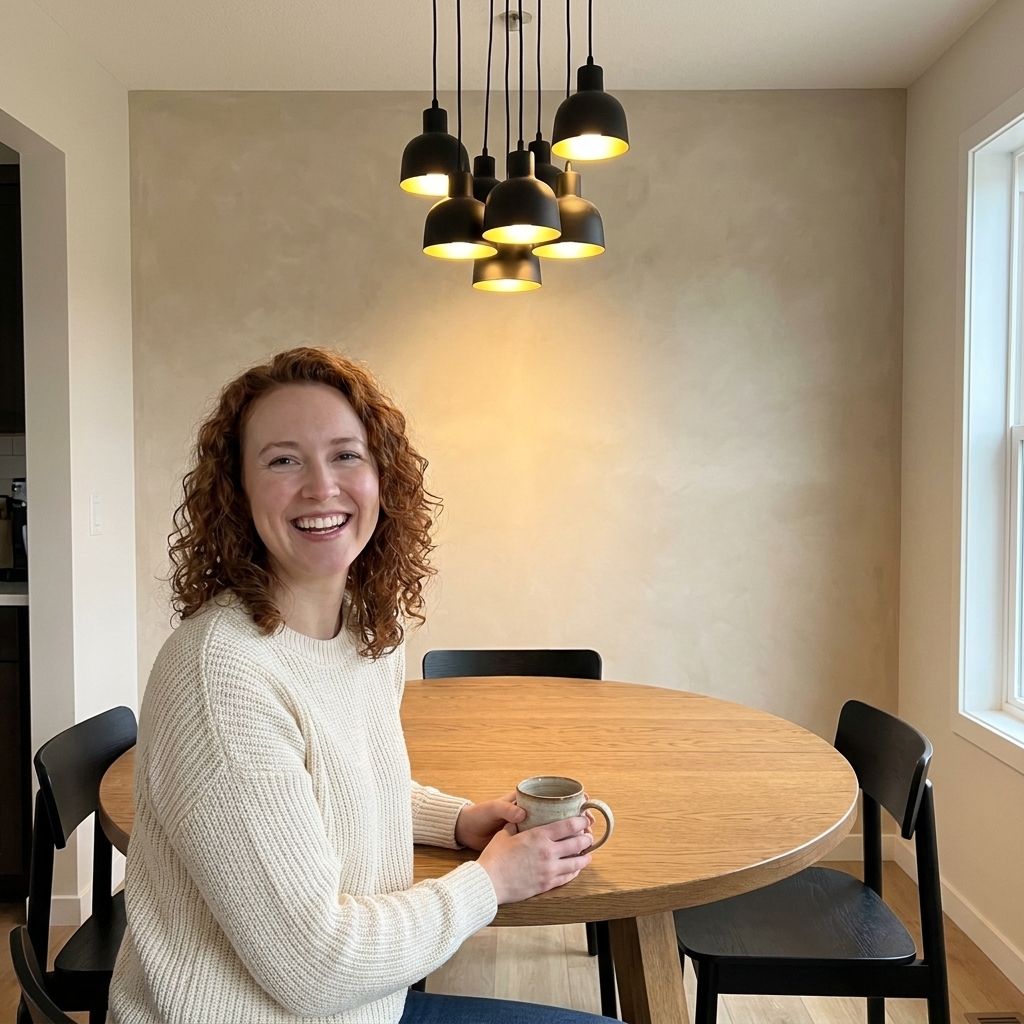 A modern dining room with a soft limewashed beige accent wall, a round wood table, simple black chairs, and warm pendant lighting