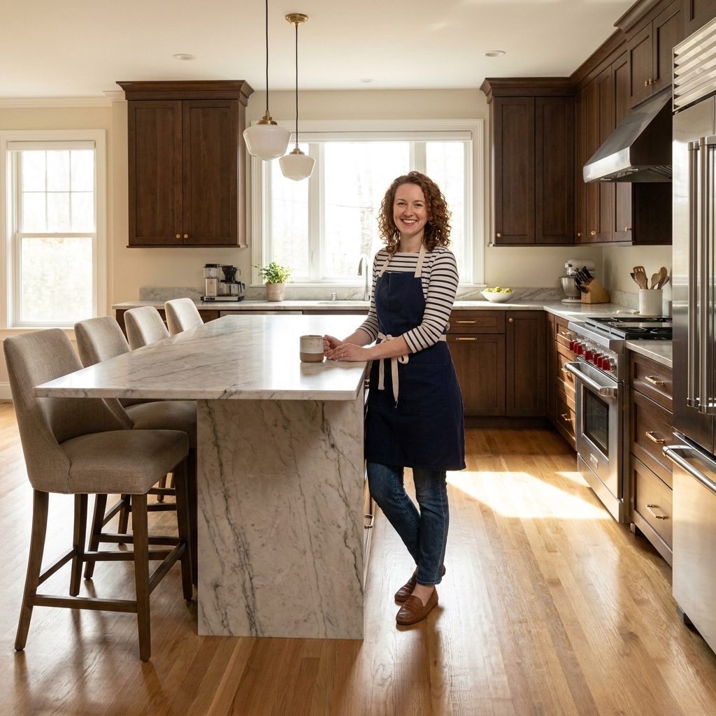 A modern kitchen with an island and bar stools, showing a wide clear aisle between the island and surrounding cabinets for easy movement