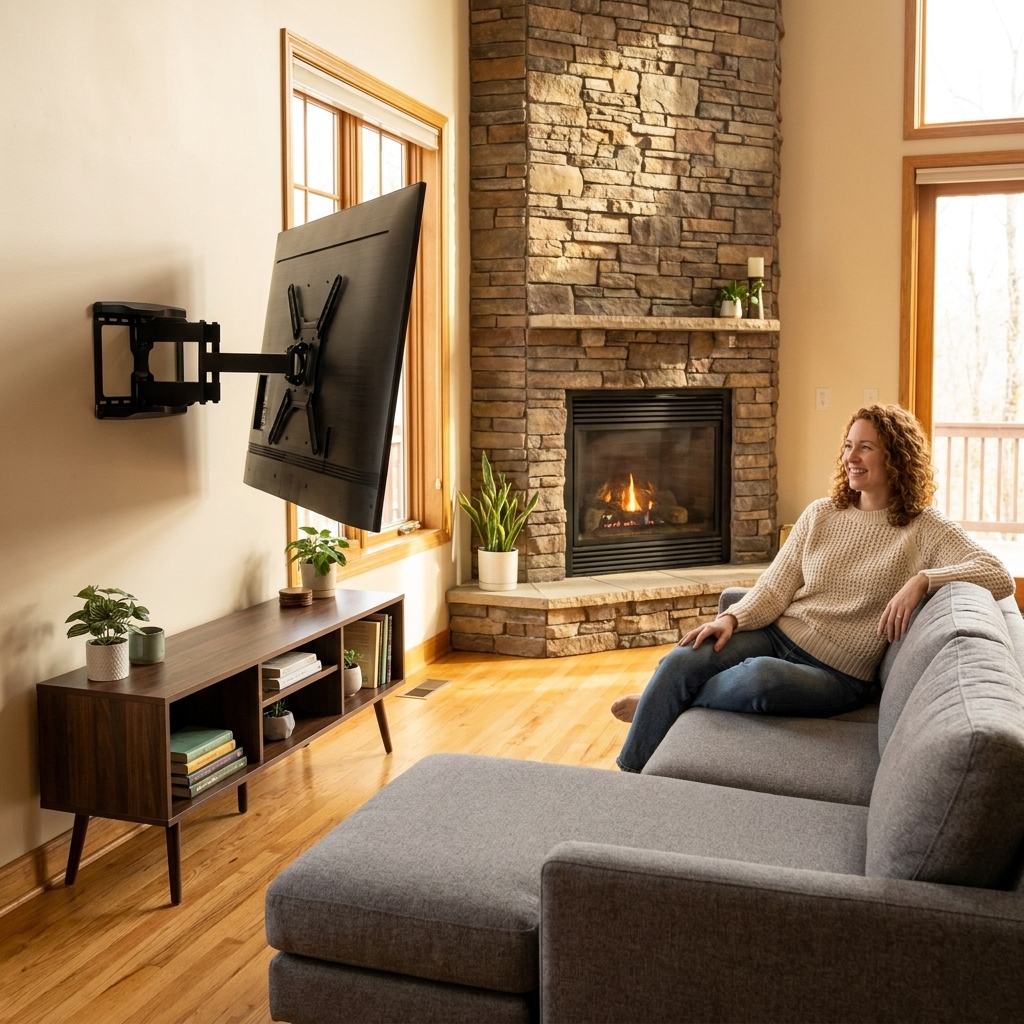 A modern living room with a TV on a swivel wall mount beside a corner fireplace, a sofa facing the TV at a slight angle, and a slim media console below