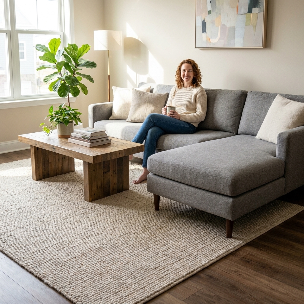 A modern living room with a sectional sofa and a coffee table centered on a large area rug that extends past the sofa edges, with a walkway of bare floor around the rug
