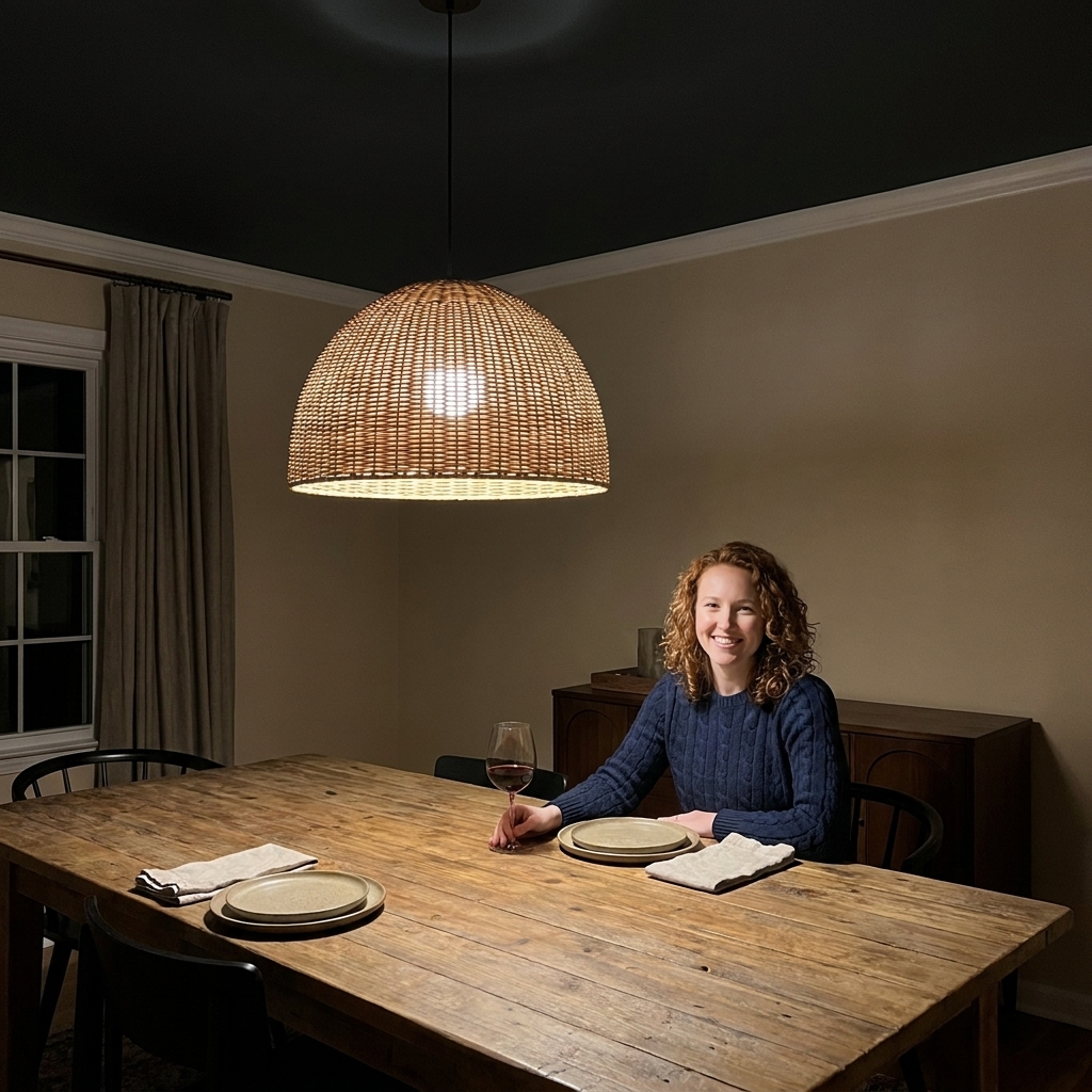A moody dining room with a deep painted ceiling, a warm pendant light over a wooden dining table, and neutral walls that make the ceiling color feel intentional