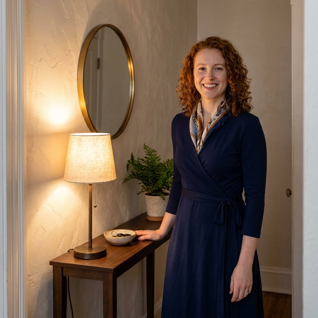 A narrow foyer console styled with a small table lamp turned on, casting warm light on a mirror and a textured wall