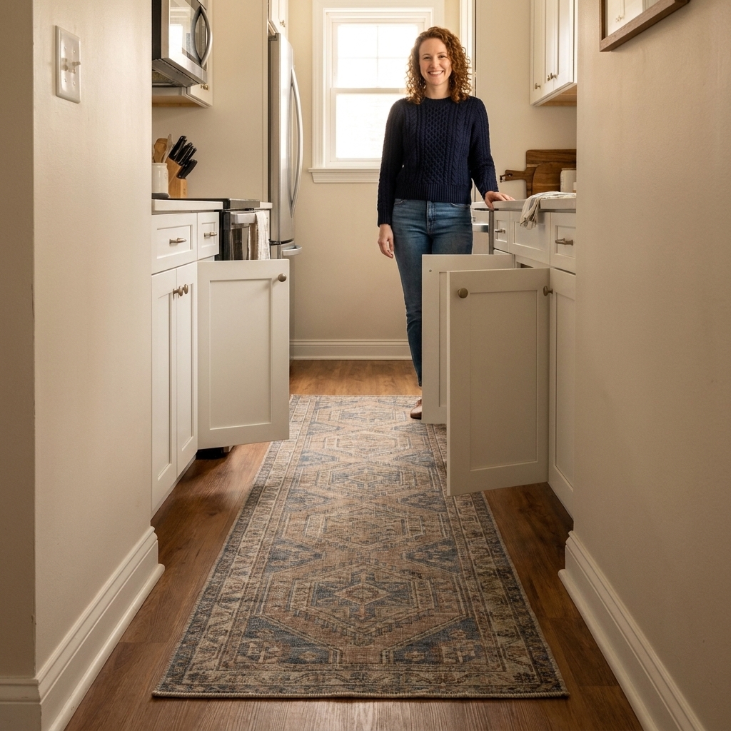 A narrow galley kitchen with a low-profile runner centered on the floor, leaving even margins on both sides, with cabinet doors able to open freely
