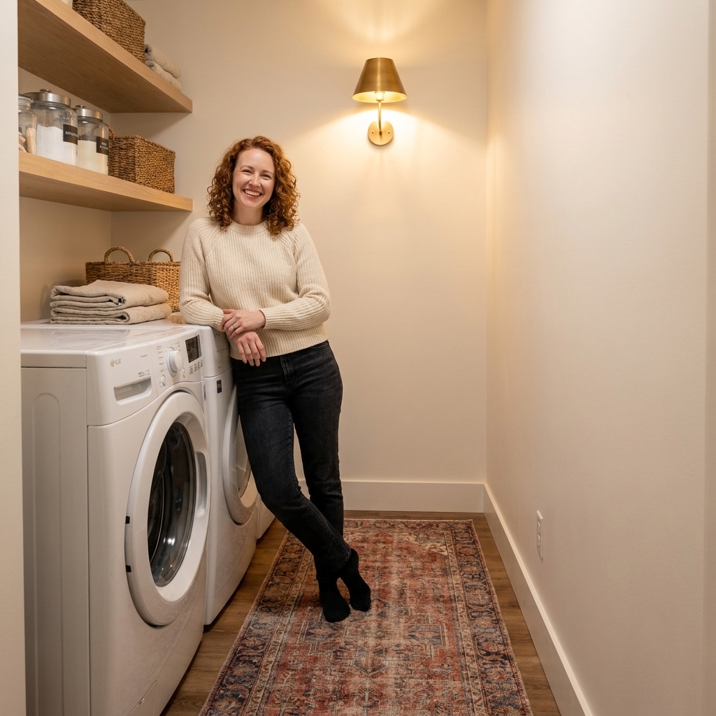 A narrow laundry room with a vintage-style runner rug on the floor, white machines, light wood shelving, and a warm wall sconce casting soft light