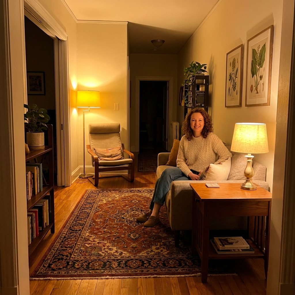 A narrow living room lit with a floor lamp and a table lamp casting warm light, with a patterned rug and simple wall art on the far end