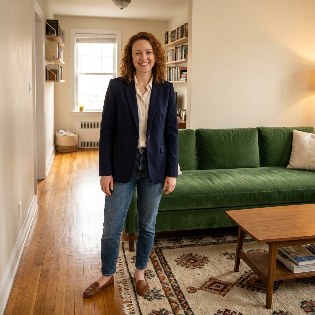 A narrow living room with a sofa placed along the longer wall, a medium rug under the front legs, and a clear walkway on the opposite side