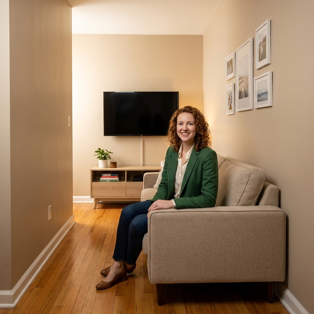 A narrow living room with a wall-mounted TV on the short wall above a low media console, with a compact sofa facing it and a clear path along one side