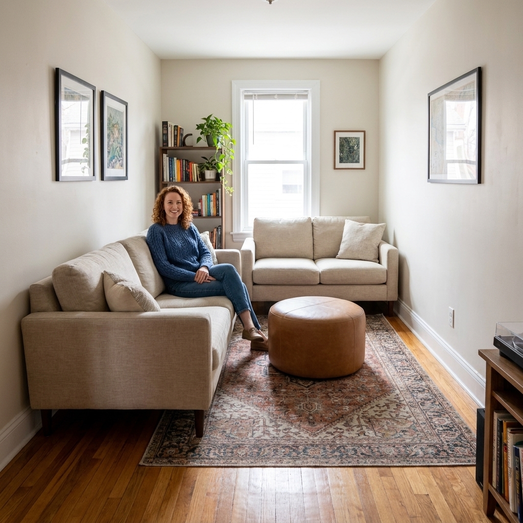 A narrow rectangular living room with a sofa on a long wall and a loveseat on the far short wall forming an L-shaped seating arrangement, with an ottoman in the center