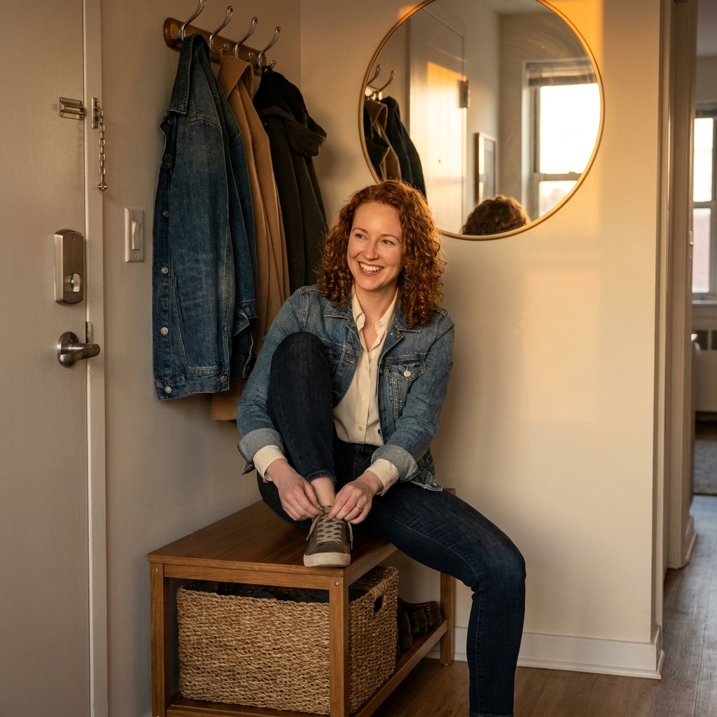 A narrow storage bench near an apartment door with a woven basket underneath, wall hooks above, and a round mirror reflecting warm light