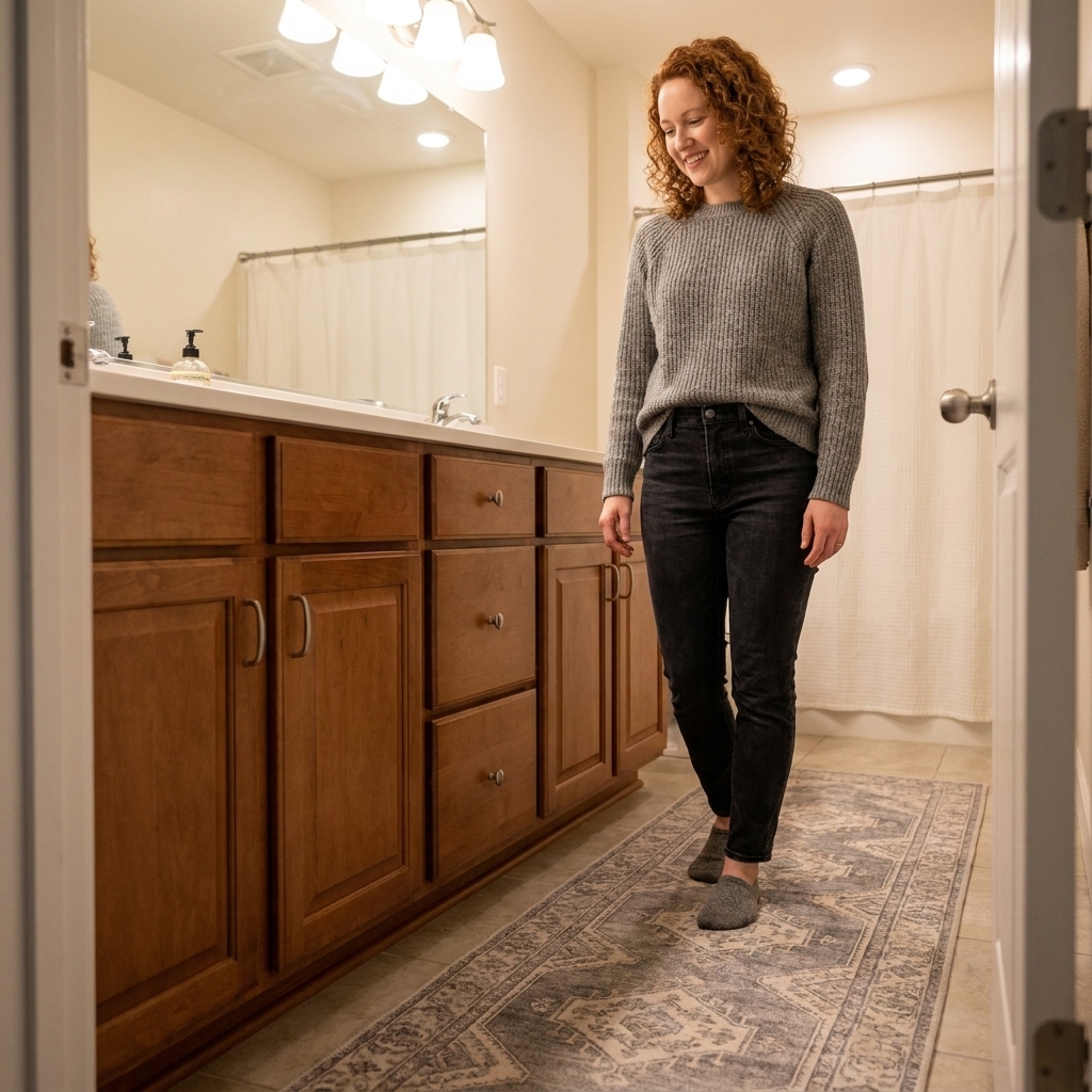 A narrow washable runner rug in a muted pattern placed in front of a bathroom vanity, adding softness and warmth